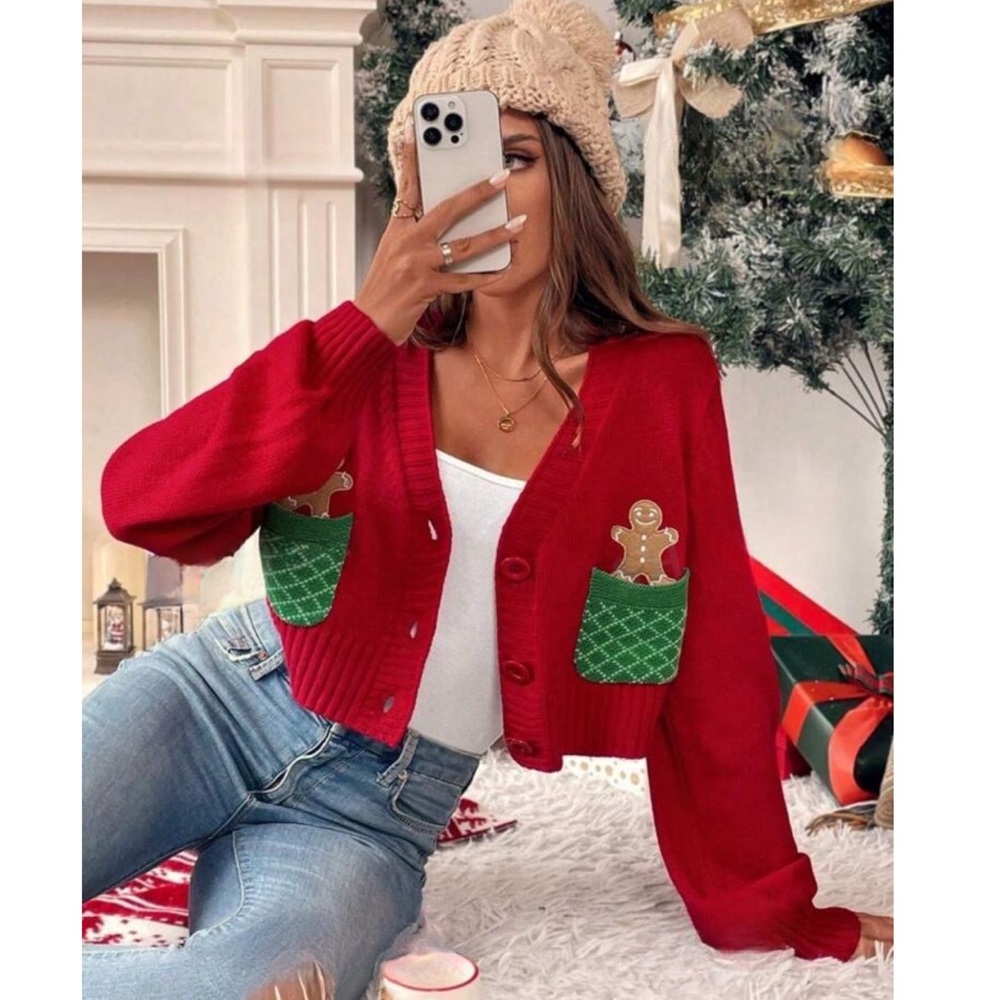Gingerbread Design V-Neck Button Down Red Long Sleeve Knit Cardigan Sweater